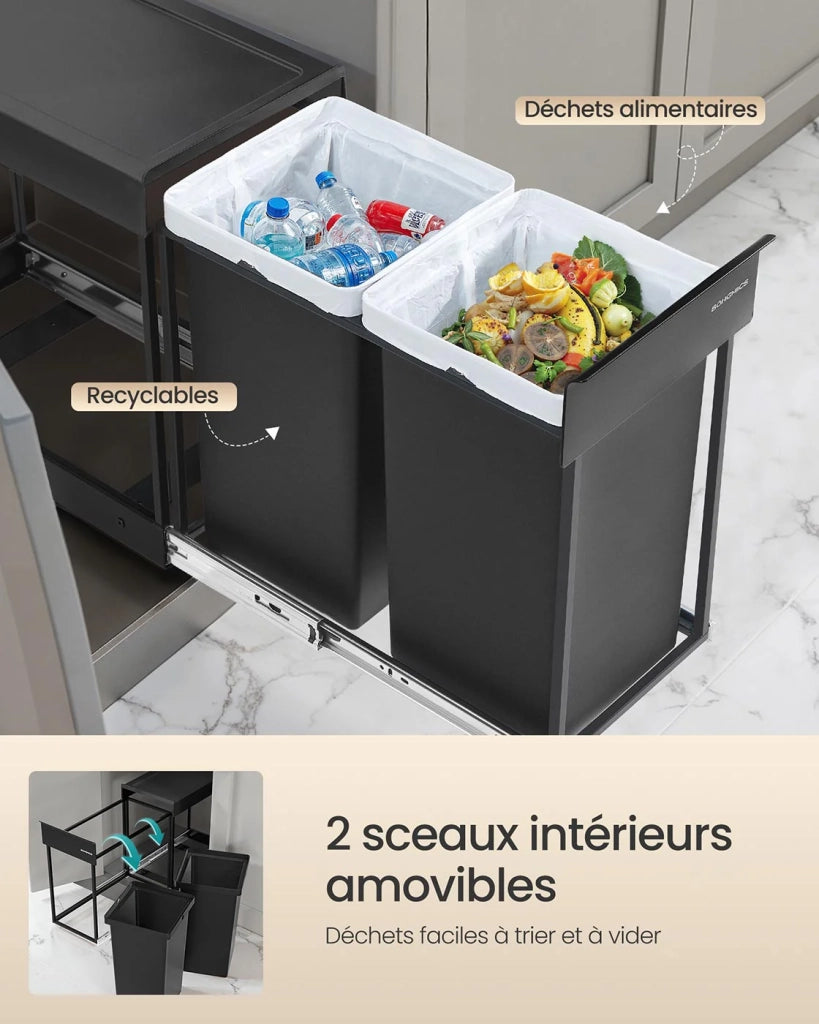 Pattumiera per la raccolta differenziata pattumiera estraibile da cucina con due secchi da 15 litri meccanismo di scorrimento fluido struttura in acciaio coperchio in ABS nero 12_0007265
