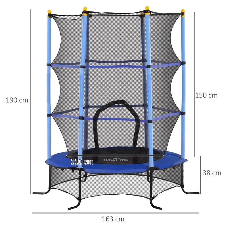 TRAMPOLINO ELASTICO PER BAMBINI Ï1.6X1.9 M CON RETE DI SICUREZZA E PALI IMBOTTITI, ETÓ 3-10 ANNI, BLU