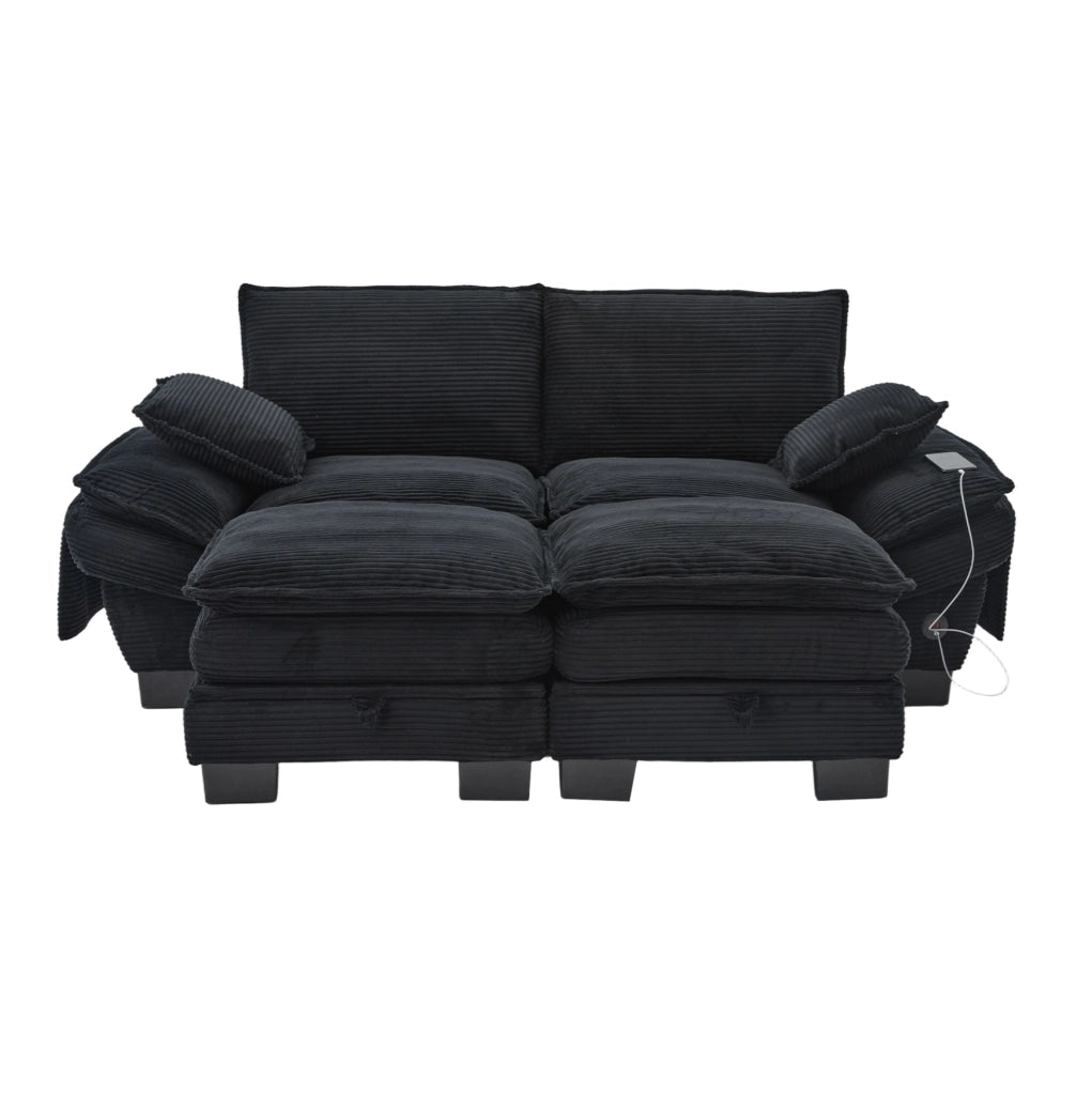 Divano modulare 2 posti in corduroy nero con 2 pouf; USB-C e tasche laterali 190x132x84 cm