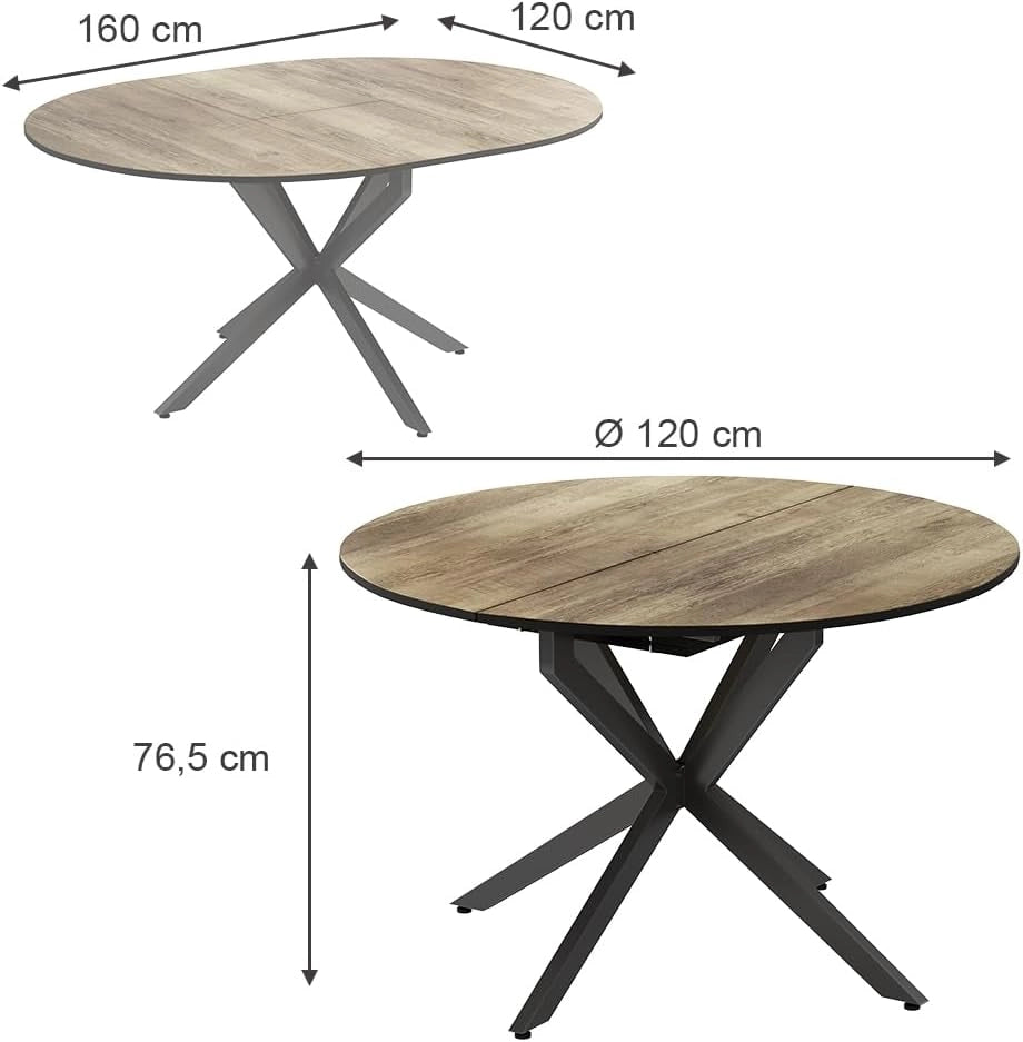 tavolo da pranzo allungabile Loyd, Nero/quercia rustico, 120 x 76.5 cm Estensibile, adatto per l'estensione della superficie del tavolo quando necessario