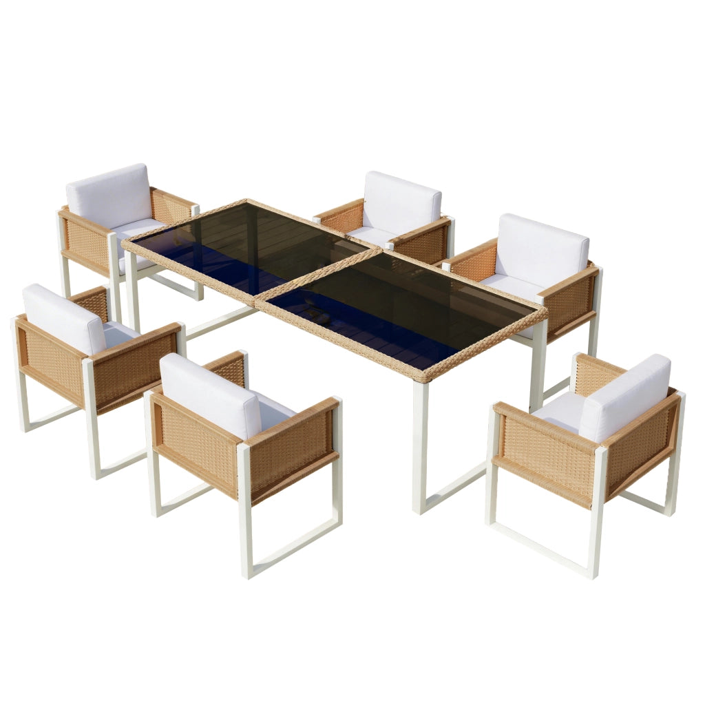 Set da pranzo per esterni con tavolo in vetro temperato e 6 sedie in rattan marrone e bianco