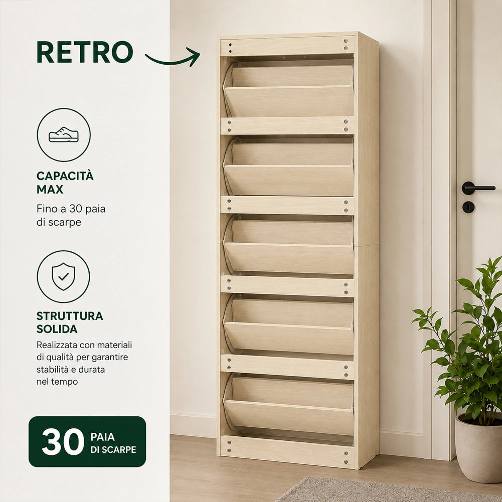 Scarpiera 5 Ripiani Olmo con Maniglia Porta Scarpe Salvaspazio 63x24x170 cm
