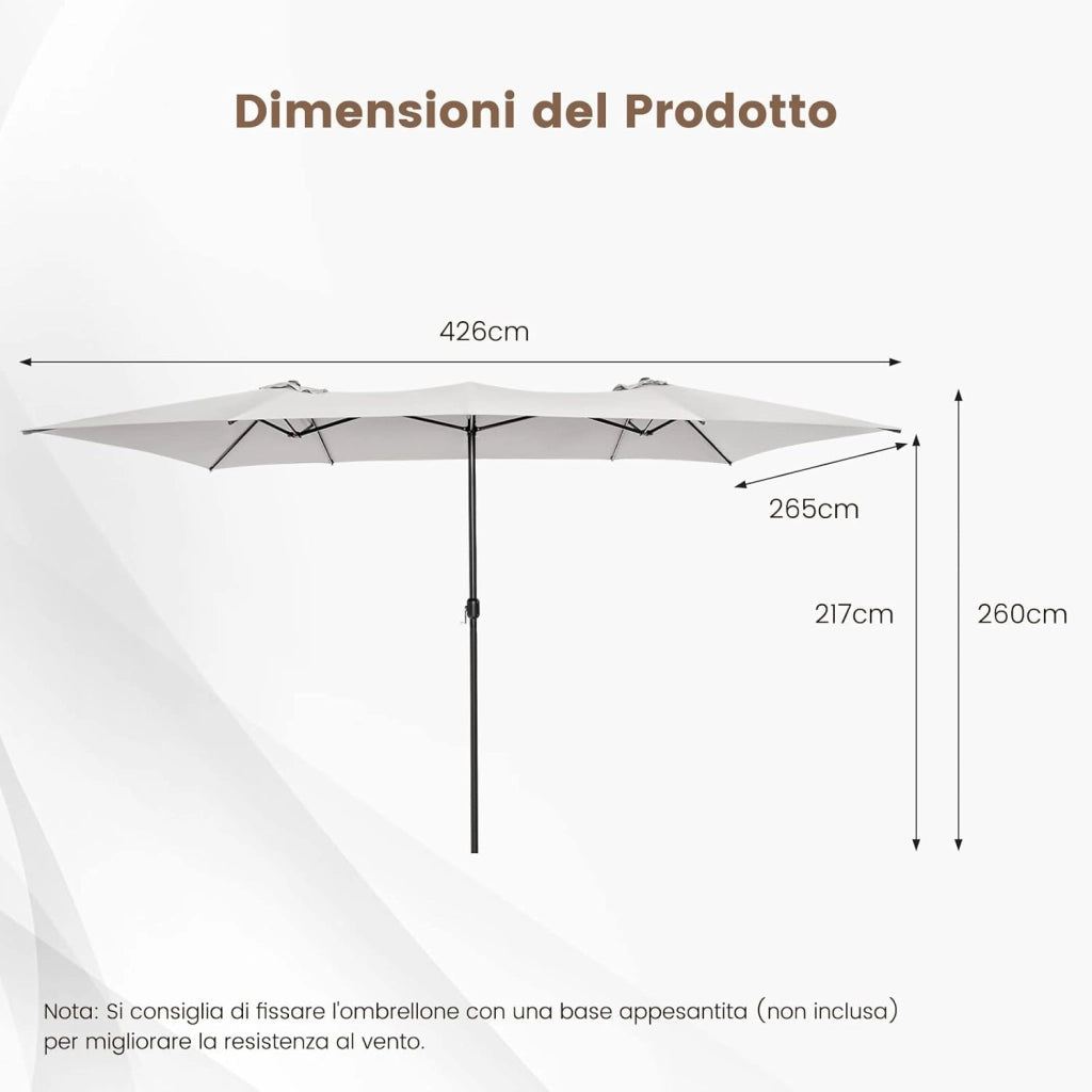 Ombrellone da Giardino Doppio 426 cm, con Manovella e 10 Stecche, Ombrellone Rettangolare Pieghevole, per Giardino Piscina Terrazza, 426 x 265 x 260 cm (Beige)