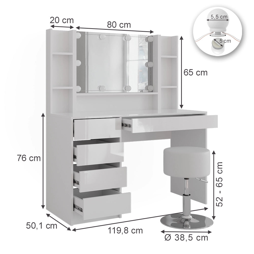 Vicco Tavolo da toeletta Bianco/bianco lucido 119.8 cm 5 parti