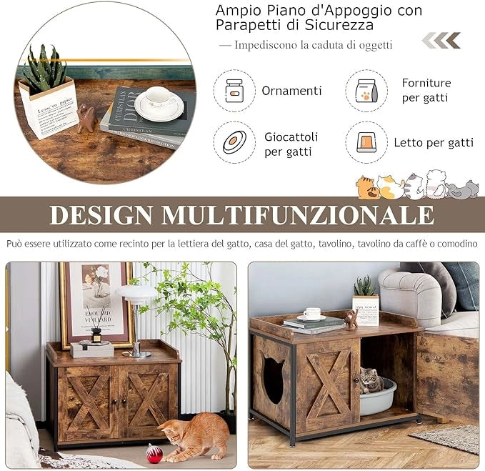 Lettiera per Gatti con Porta Apribile, Ingresso Laterale e Divisorio Rimovibile, Casetta per Gatti Multiuso, Adatto a Soggiorno, Ingresso e Camera da Letto, Portata 45 kg, 80 x 50 x 58 cm
