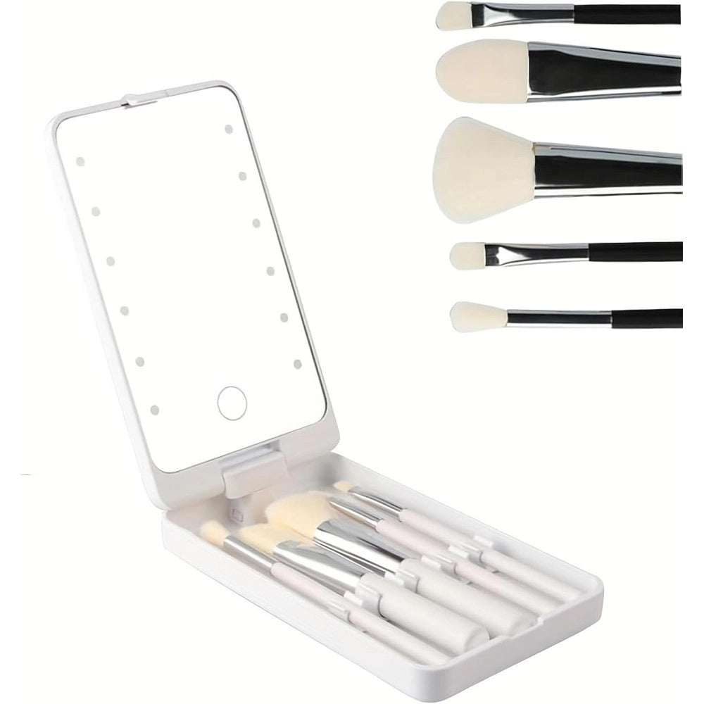Trade Shop - Specchio Per Trucco Portatile Con Set Pennelli Rotazione 360° Luci Led Ricaricabile Touch -