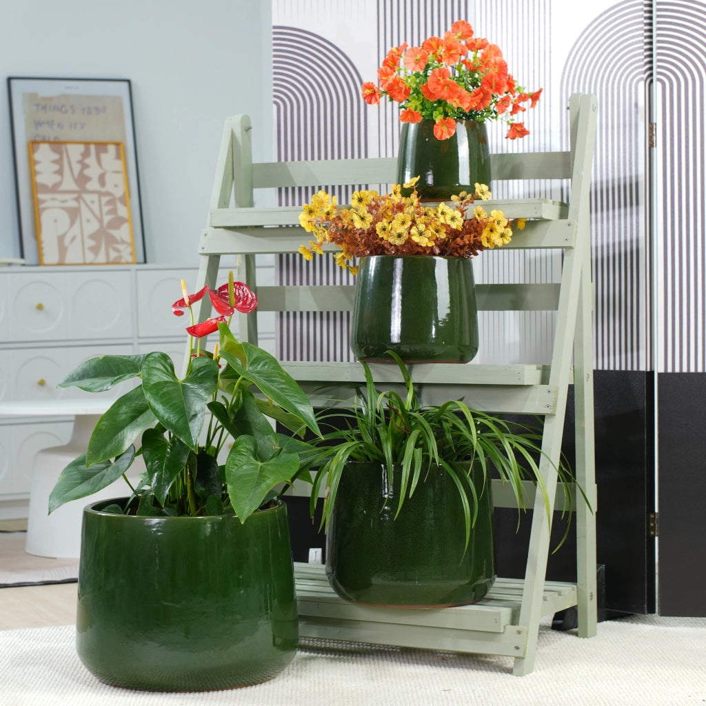 Fioriera a più livelli set di 4 vasi in ceramica artigianale smaltata verde scuro lucida per interni ed esterni