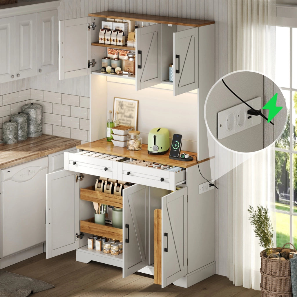 Credenza alta da cucina con LED RGB e prese organizer estraibile 2 cassetti per cucina in MDF 100 × 40 × 180 cm