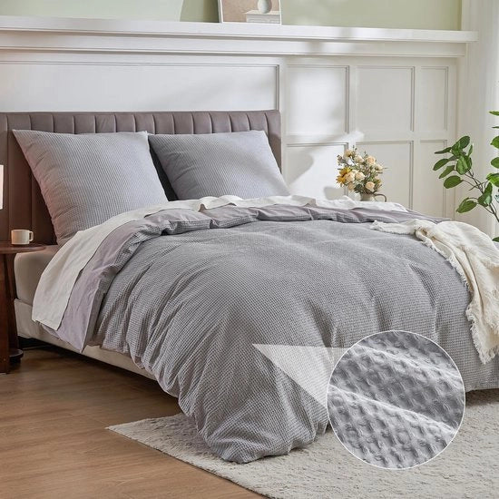 Set di biancheria da letto estivo lussuoso in cotone 100% con struttura a wafel e cerniera dei cuscini, grigio chiaro