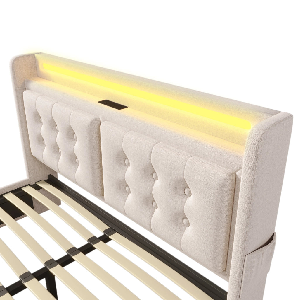 Letto imbottito 140x200 cm con LED; porte USB e USB-C; 4 cassetti; beige in tessuto cotone e lino