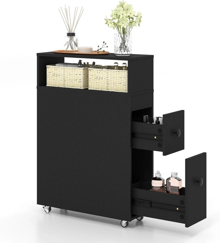 Carrello Stretto Sottile Salvaspazio Cucina Bagno da 19 cm, con 2 Cassetti e 2 Cestini di Vimini, Carrello Arrotolabile, Slim, 19 x 50 x 72 cm, Bianco/Nero (Nero)