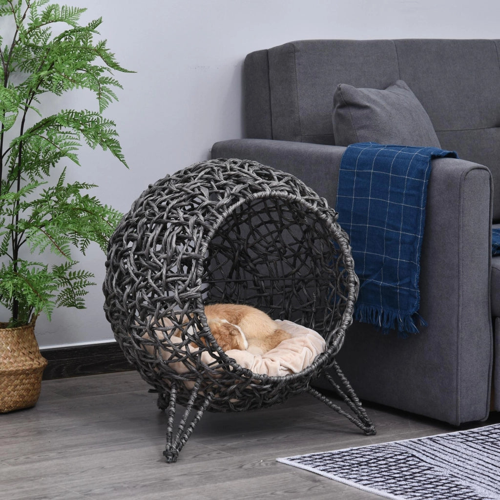 Casetta per Gatti in Rattan con Cuscini Grigio Argento ?52x58 cm ¨C zephmum