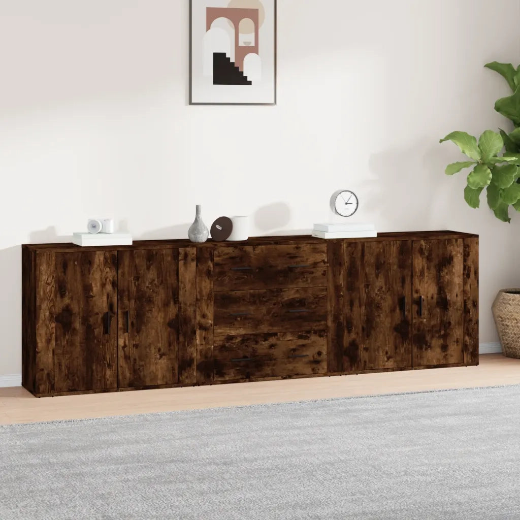 Credenze 3 pz | Madia | Buffet da pranzo | Armadio da pranzo Rovere Fumo in Legno Multistrato