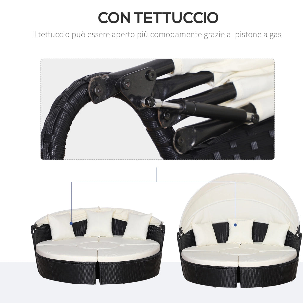 Easycomfort Set 4 Pzi Divano Circolare da Giardino, Mobili Componibili Rattan Nero, Tettuccio e Cuscini Beige 180x175x147cm
