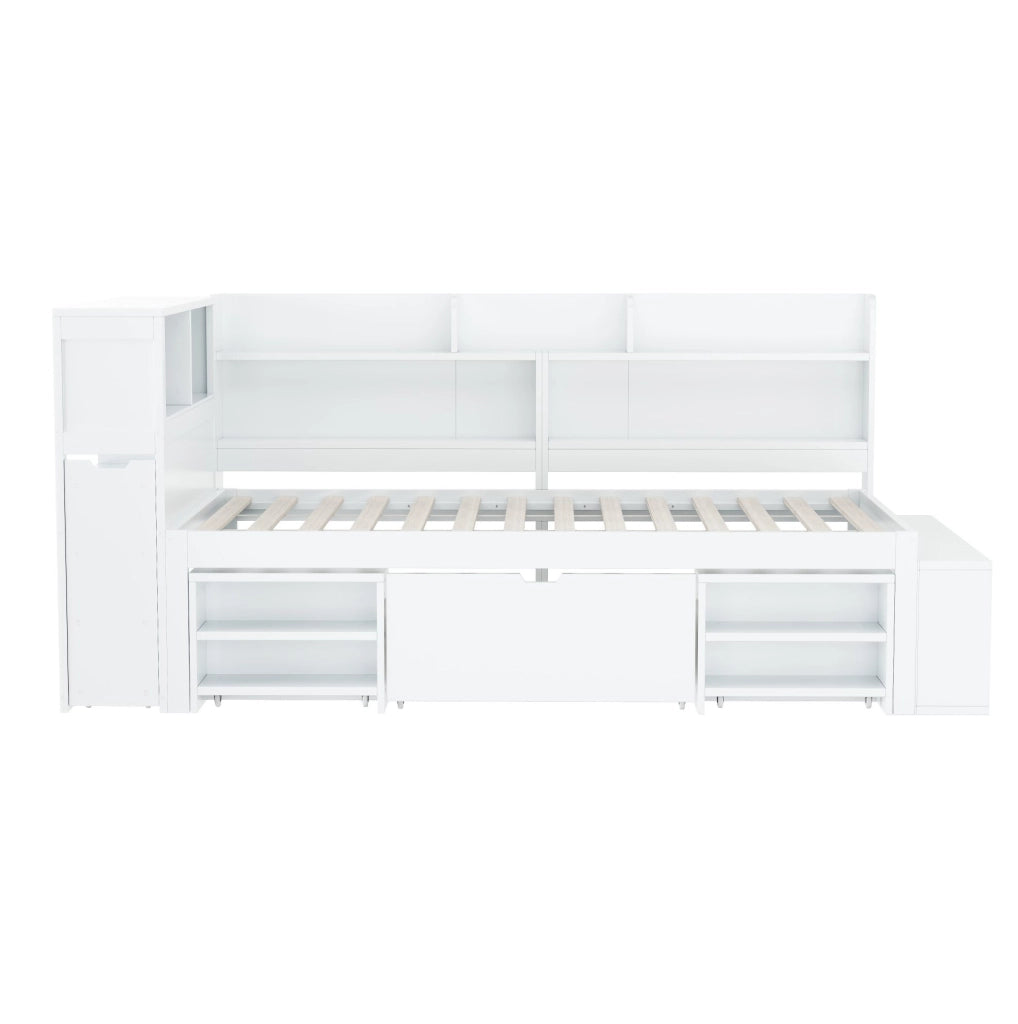 Letto per bambini 90x200 cm multifunzione con ripiani e cassetti; compensato bianco (Senza materasso)