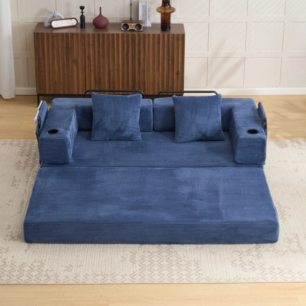 Divano letto pieghevole convertibile in velluto a coste con braccioli, tasche laterali e portabicchieri, blu scuro