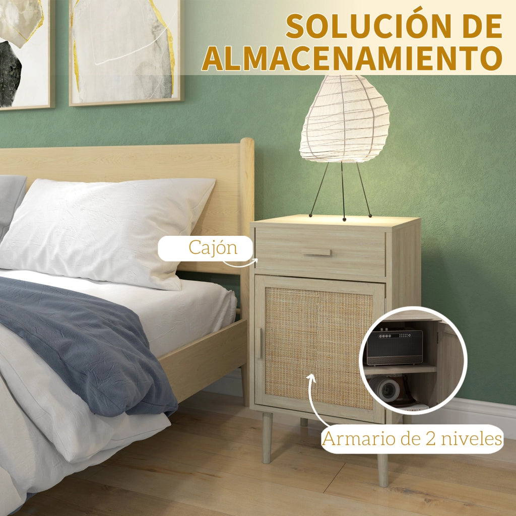 Tavolino da Notte con Cassetto ¨C zephmum ¨C Rattan, Legno Rovere, 40x40x68,5 cm