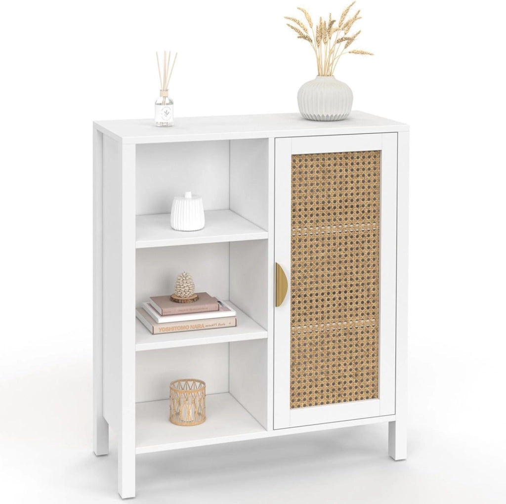 EDHEN credenza e armadietto bianco a 3 ripiani da 70 cm con teca