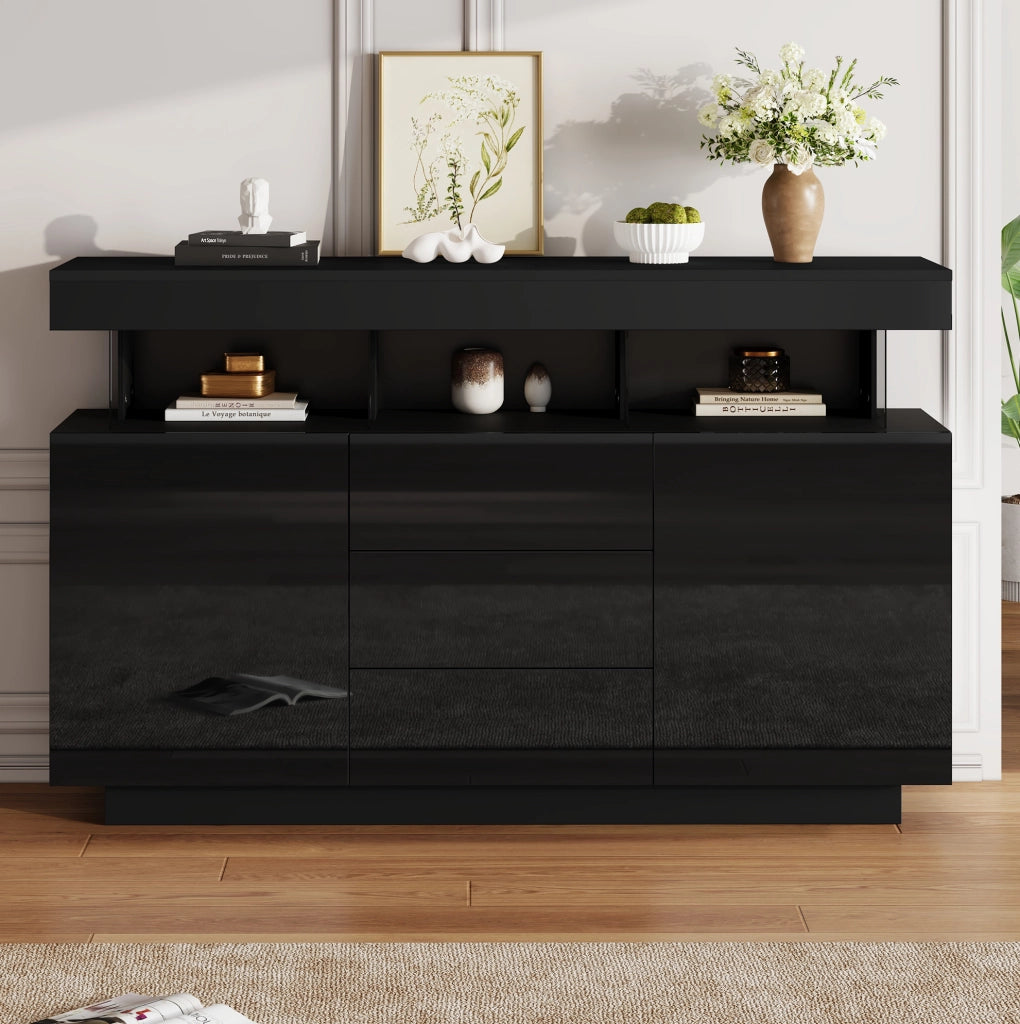Credenza moderna lucida nera con LED e 3 cassetti