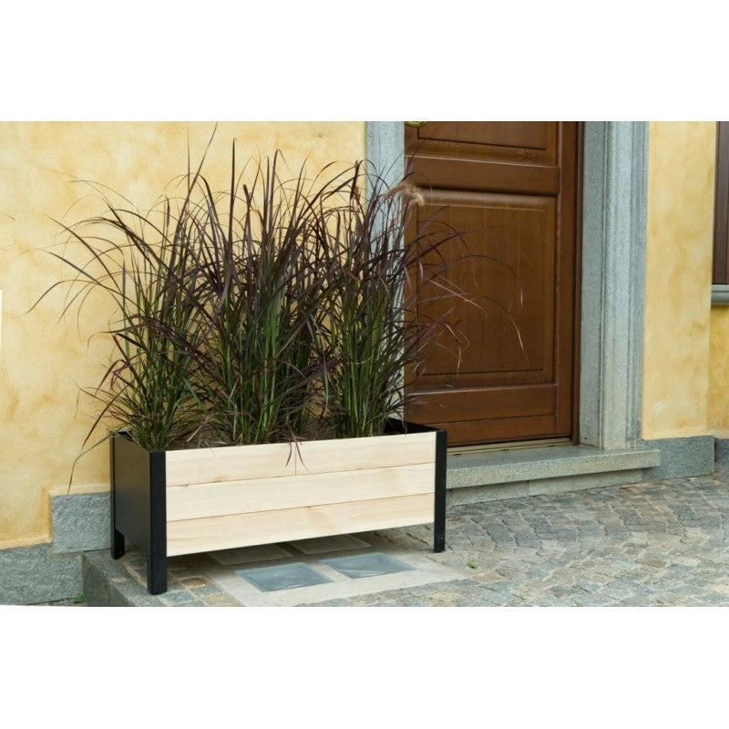 Fioriera rettangolare in legno e metallo 118x36x32 cm con struttura antracite, vaso da esterno per terrazzo e ingresso - Esterni da Vivere