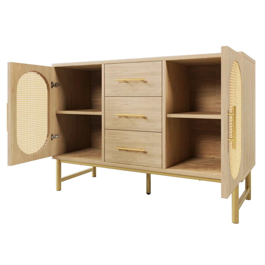 Cassettiera Credenza con 3 Cassetti e 2 Ante in Rattan ¨C MINIMAL ¨C Sonoma, 120x40x74
