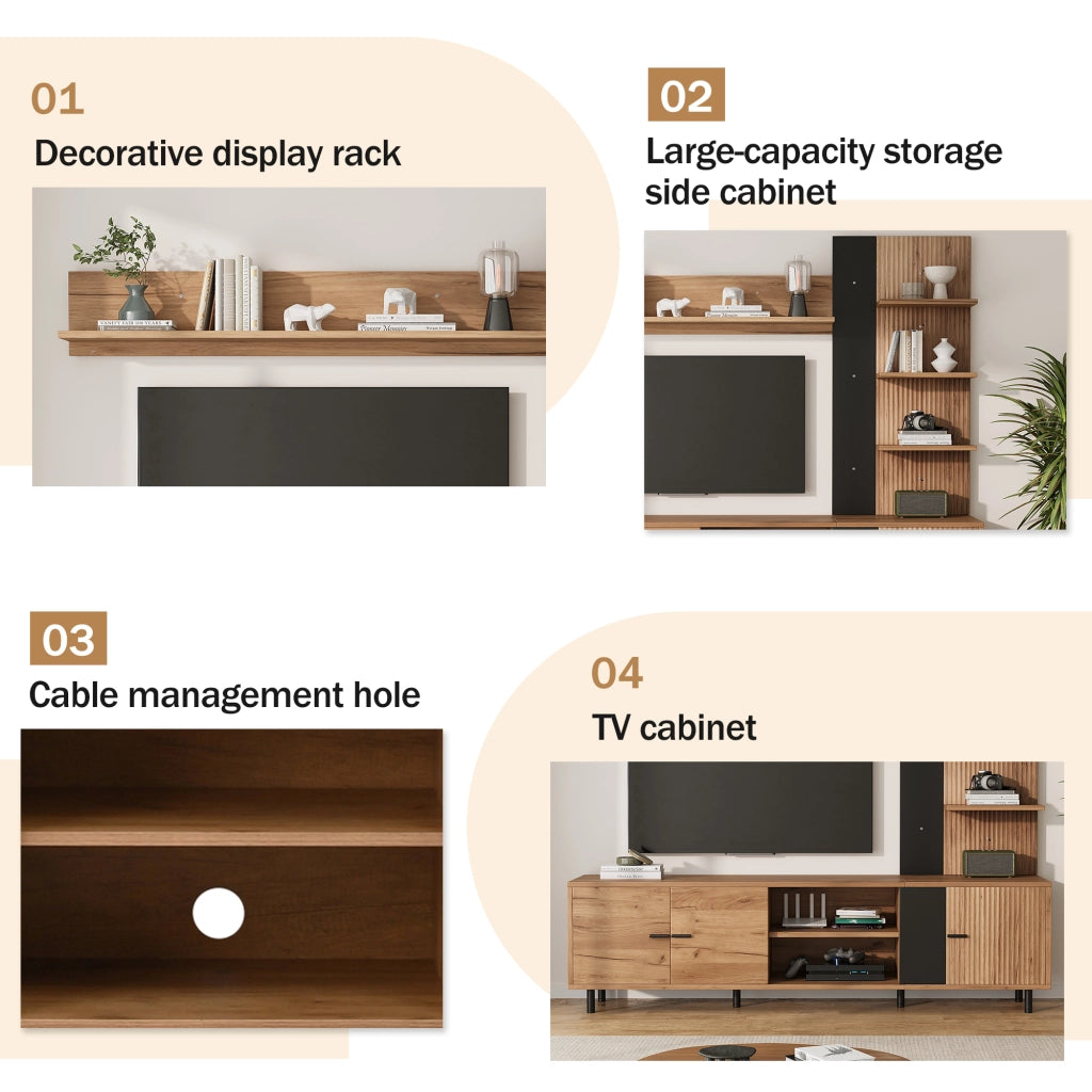 Mobile porta TV con 3 ante e ripiani aperti, per soggiorno, in truciolare, legno e nero, 187,5 × 40 × 167 cm