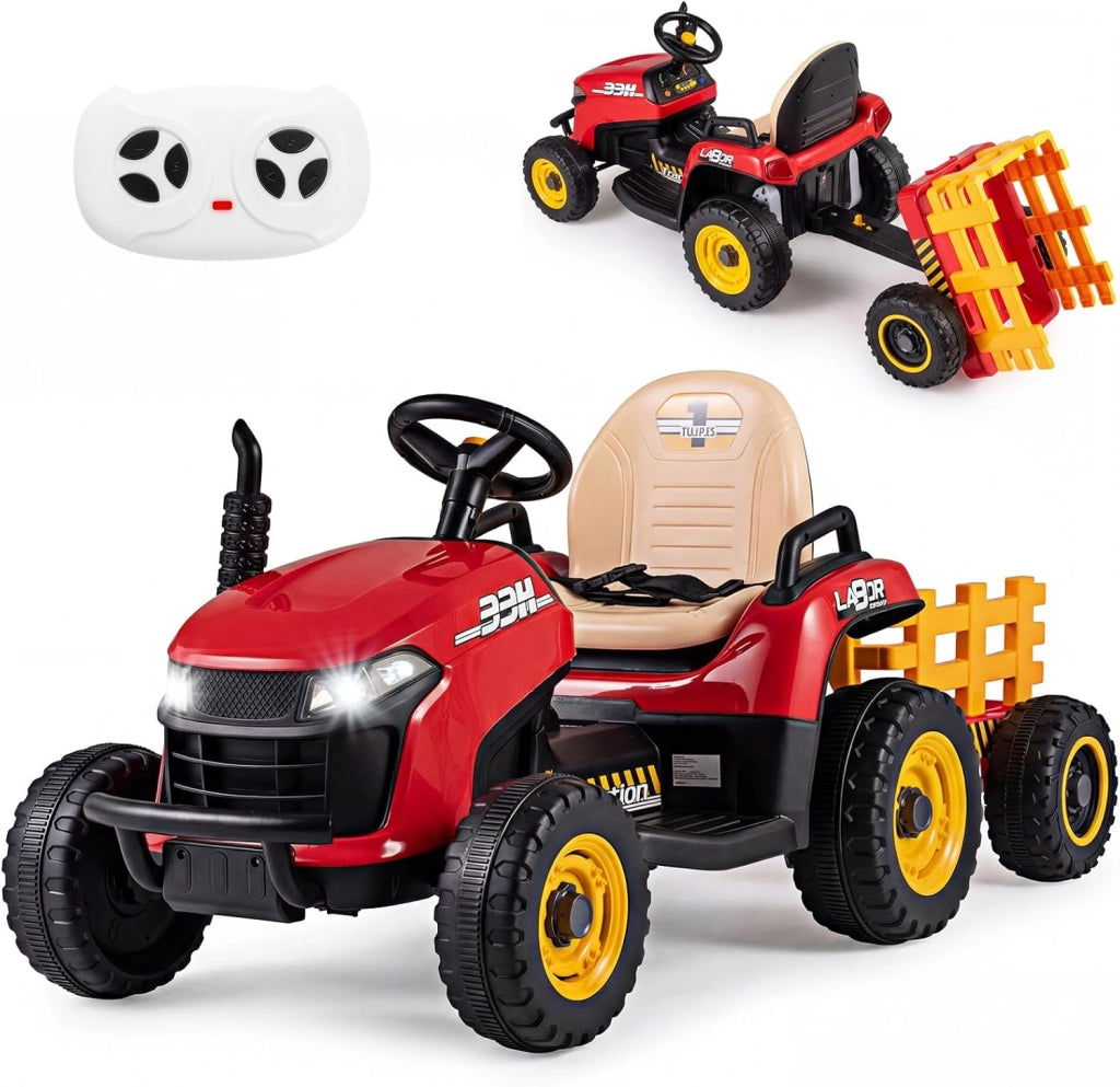 24V Trattore Elettrico per Bambini, Macchina Cavalcabile con Telecomando, Clacson Musica, Connessione Wireless e Fari a LED, per Bambini 3 Anni+ (Rosso)