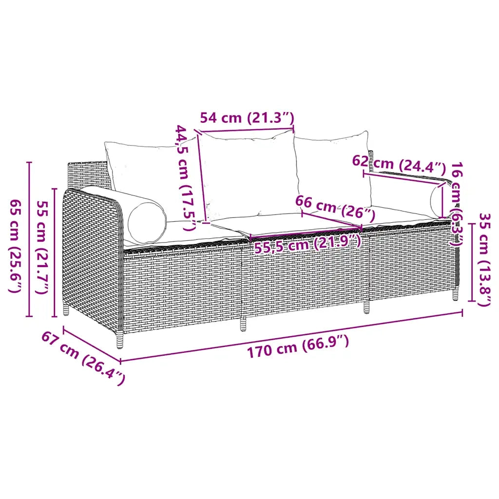 Divano da Giardino a 3 Posti con Cuscini in Polyrattan Marrone 4104173