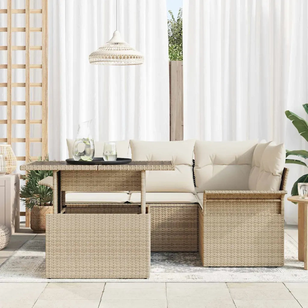 Set Divano da Giardino con cuscino 5 pcs Beige Poly Rattan