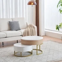 Set di Tavolini da Salotto Sovrapponibili Regolabili in Altezza con Due Cassetti, Design Elegante in MDF, 70x70x42/56,5 + 60x60x24 cm, Bianco