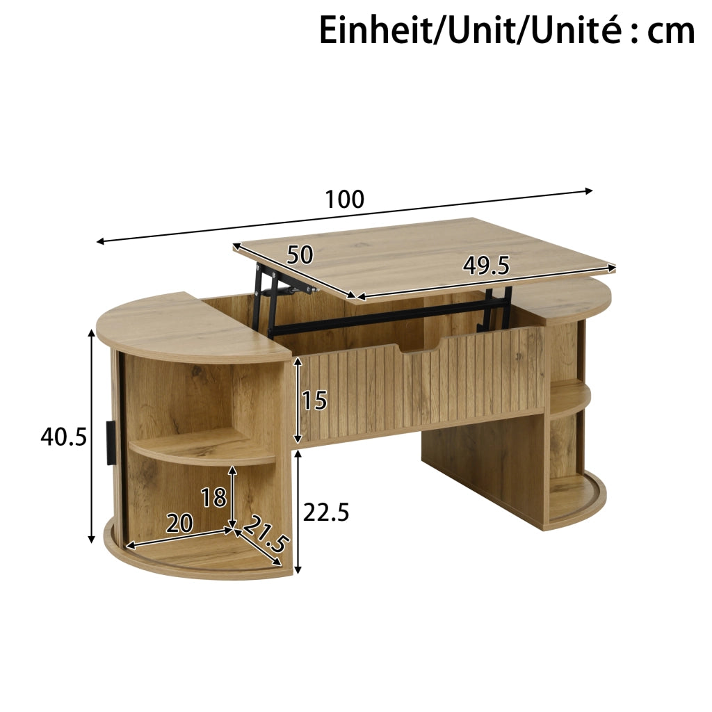 OKWISH Tavolino da Salotto Ovale con Piano Rialzabile, 2 Ante Scorrevoli e Ripiani Aperti, MDF, Rovere, 100×50×40,5 cm