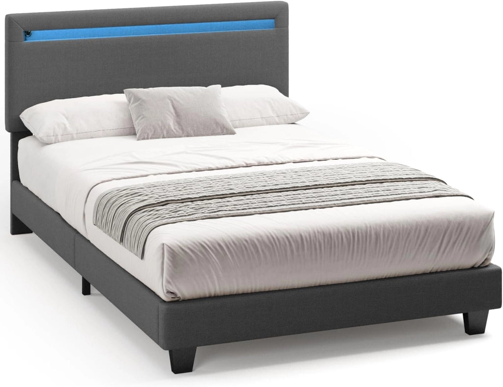 Letto imbottito 120x200cm con luce LED, Letto a piattaforma imbottito, Struttura in ferro, Testiera imbottita, Bse robusta, Adatto per camere degli ospiti (Beige)