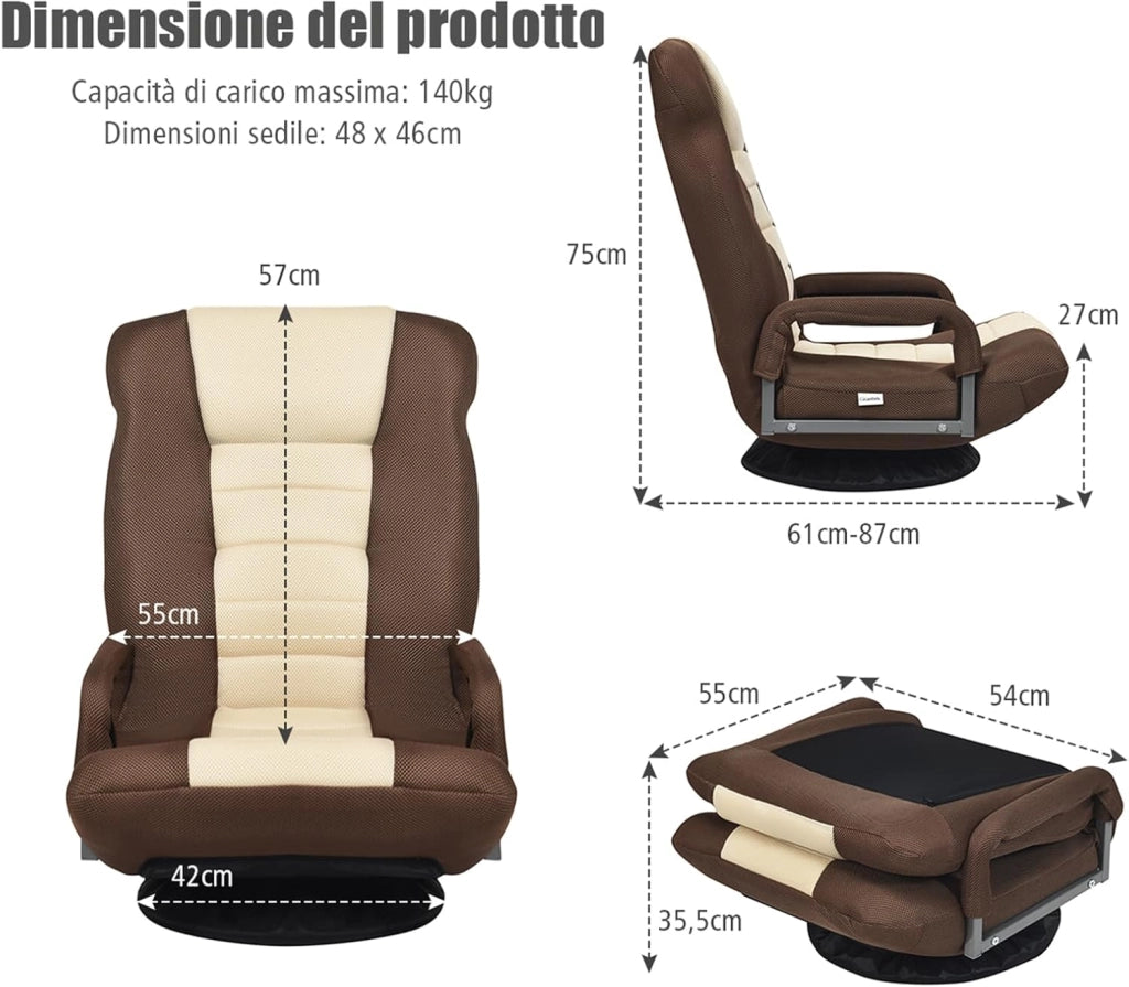 Sedia da Pavimento Pighevole, Sedia da Terra con Braccioli, Poltrona da Yoga Portatile e Girevole, Poltrona con Schienale Regolabile a 5+2 Livelli, Portata 150 kg (Marrone-Beige)