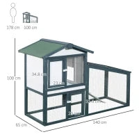 Gabbia per Conigli e Animali da Compagnia in Legno 2 piani di Abete Doppia Porta 140x65x100cm Verde e Bianco