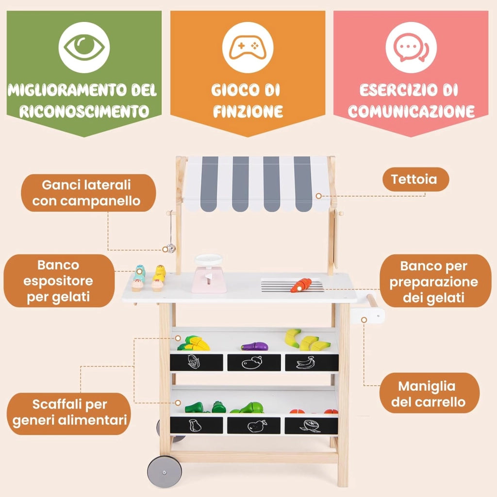 Carretto dei Gelati in Legno per Bambini, con 6 Gelati Giocattolo, Bilancia a Forma di A, Campanello Funzionante, Gelateria per Bambini + 3 Anni, 79 x 29 x 100 cm (Bianco)