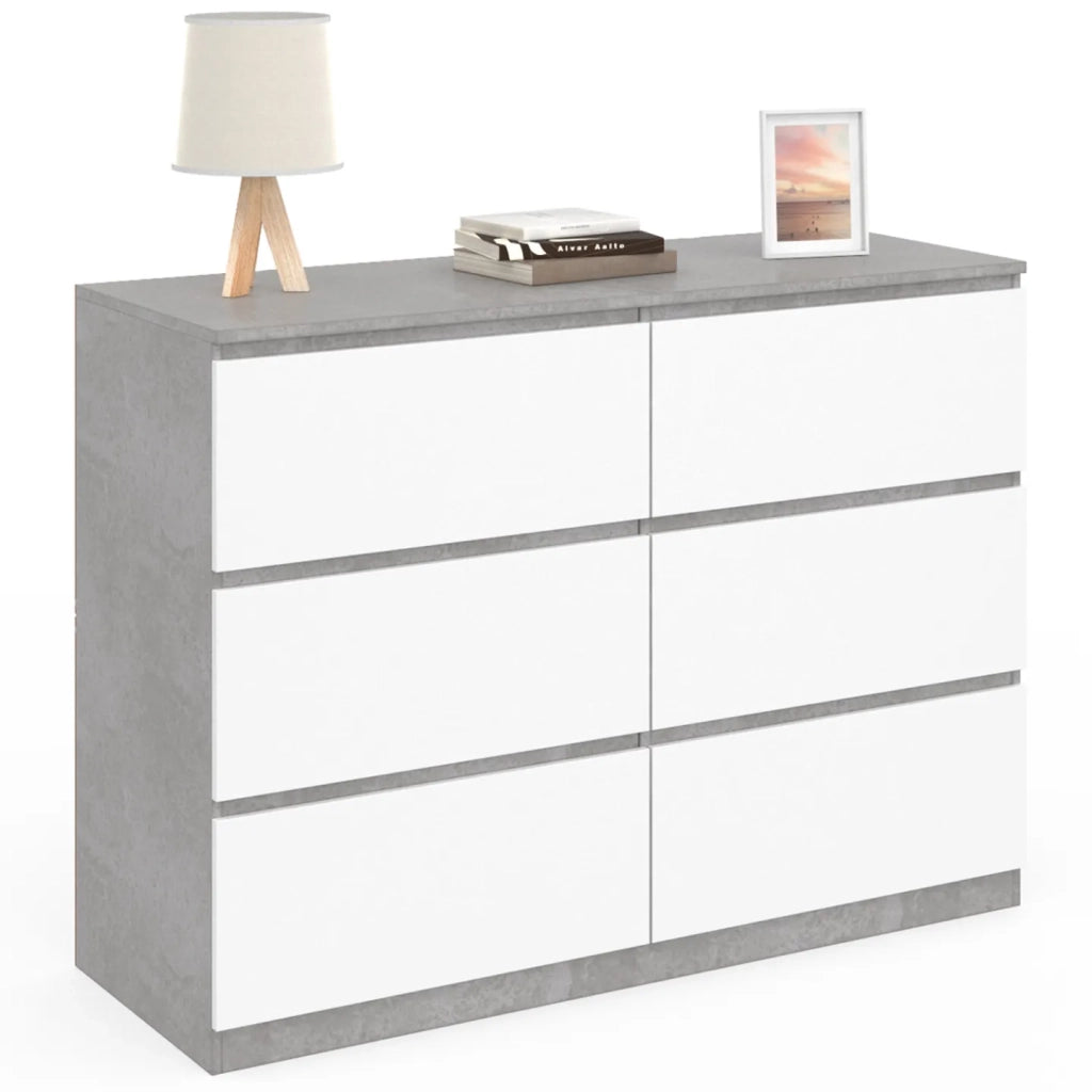 IDMarket - Arcón TOMI 110 cm 6 cajones, blanco y efecto hormigón