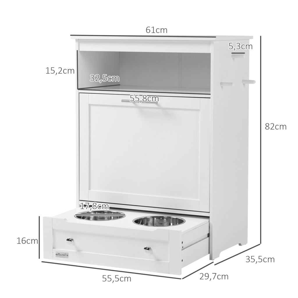 Stazione pappa per animali con vano contenitore, ripiano aperto e cassetto estraibile, 61 x 35,5 x 82 cm, bianco