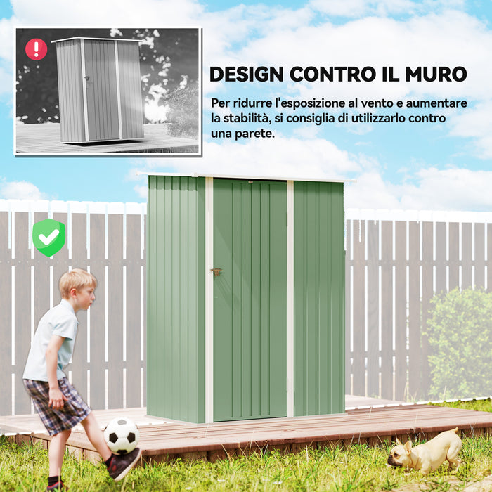 Capanno Porta Attrezzi 142x86x189 cm con Tetto Inclinato e Porta Bloccabile in Metallo Verde Chiaro