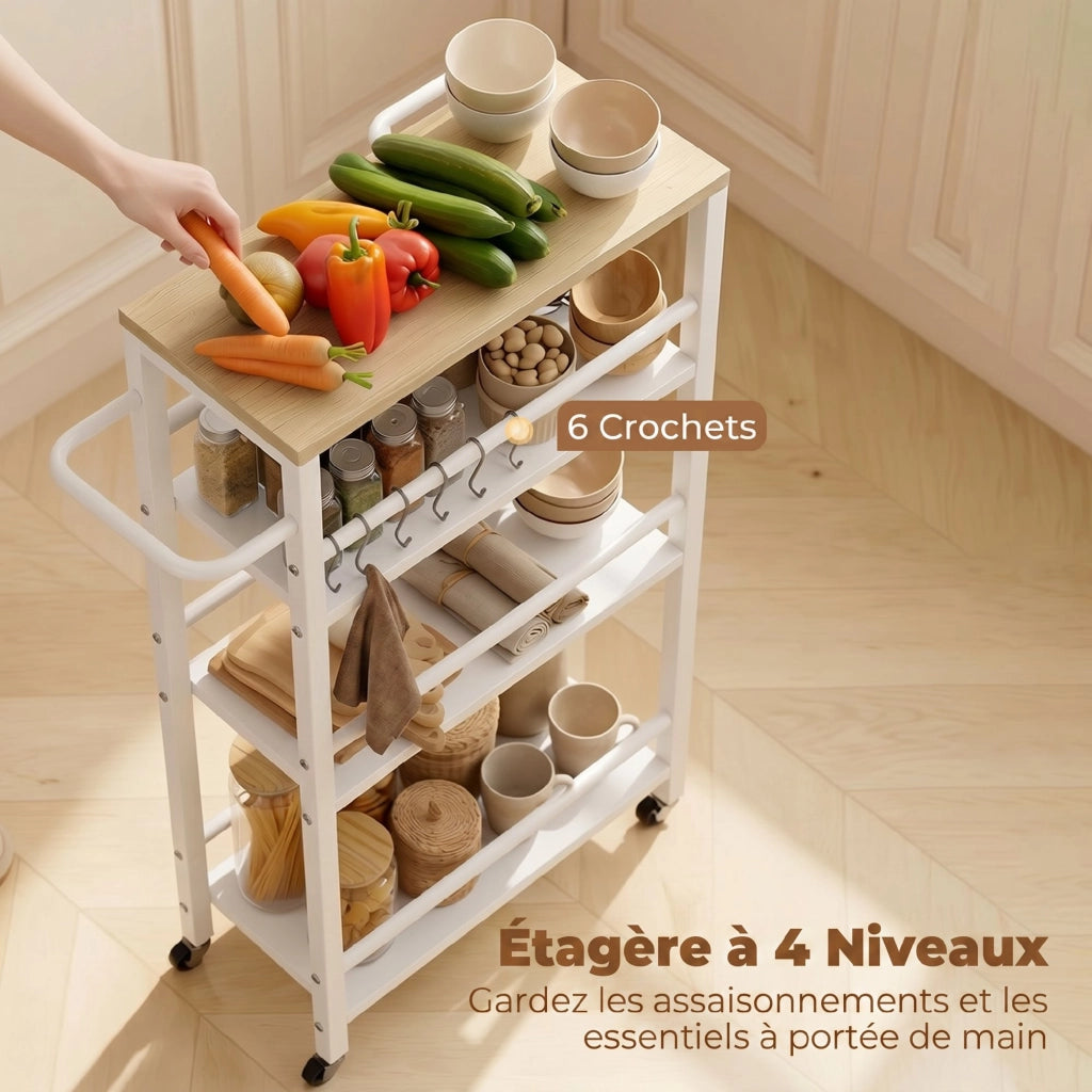 Carrello da cucina 4 livelli con porta asciugamani e 6 ganci ¨C Minimal ¨C 50x20x81 cm, quercia