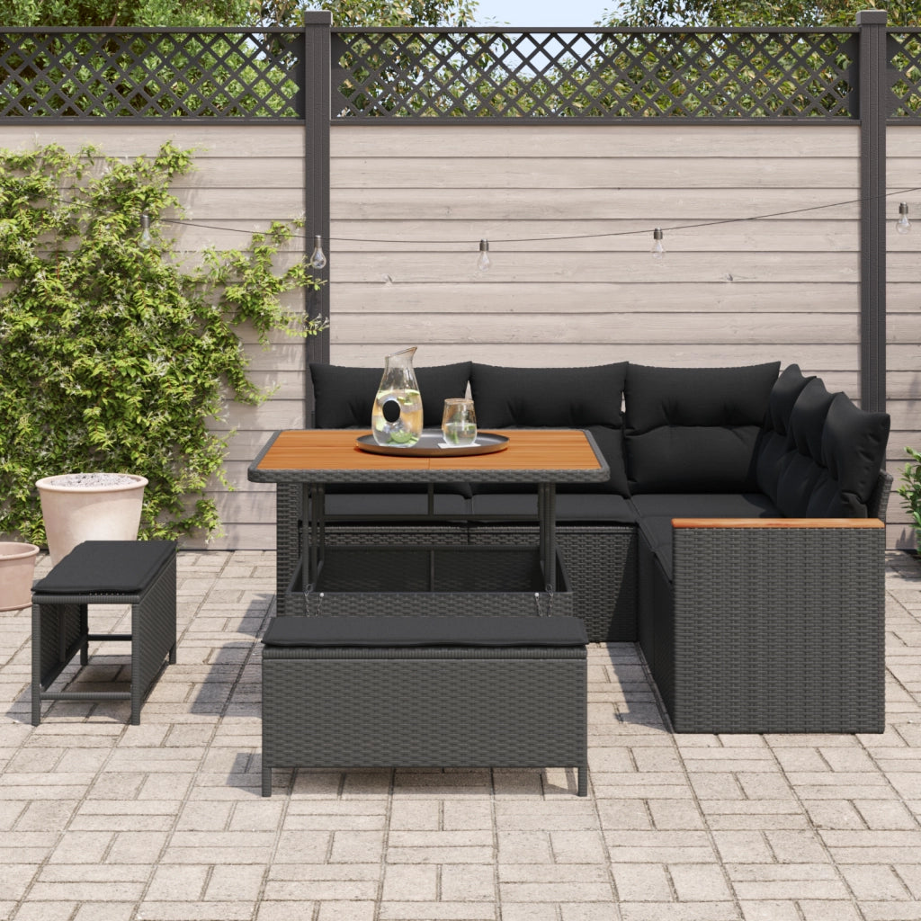 Set di divani da giardino  8 Pezzi con Cuscini Nero Polyrattan Acacia