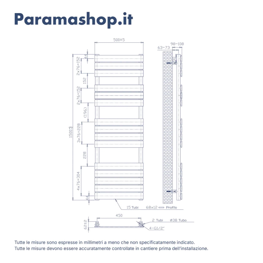 Termoarredo idraulico 1500x500 bianco lucido interasse 450 | Andromeda