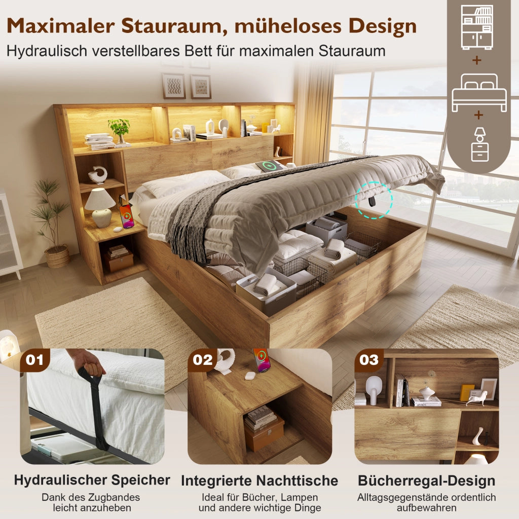 Letto matrimoniale con contenitore e rete a doghe legno rovere con comodini LED USB e USB-C