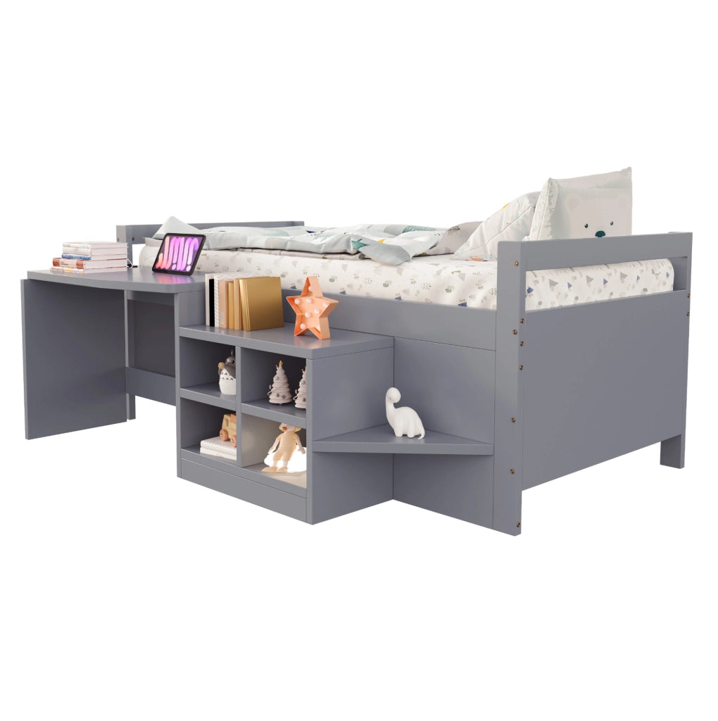 Letto a soppalco 90x200 cm con scrivania; vani contenitore e prese USB; grigio