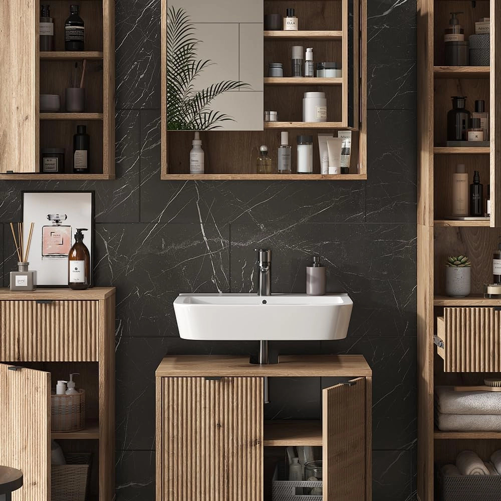 Set di mobili da bagno Eliza, Quercia vichinga, 70 cm, composto da mobile sottolavabo, specchiera, colonna, base media e pensile