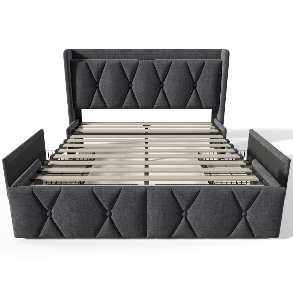 Letto Contenitore Imbottito con USB 160x200 ¨C Xylo ¨C Grigio, 4 Cassetti, Doghe in Legno