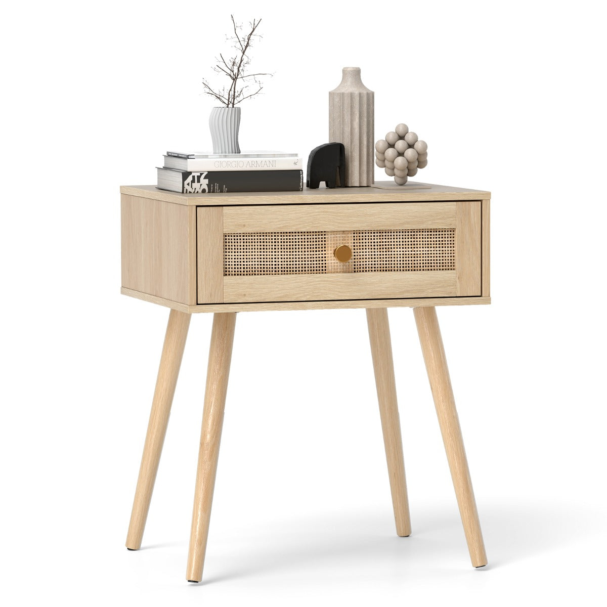 Comodino in rattan con spazio di stoccaggio, Comodino con cassetto e gambe in legno massello Naturale-Comodini