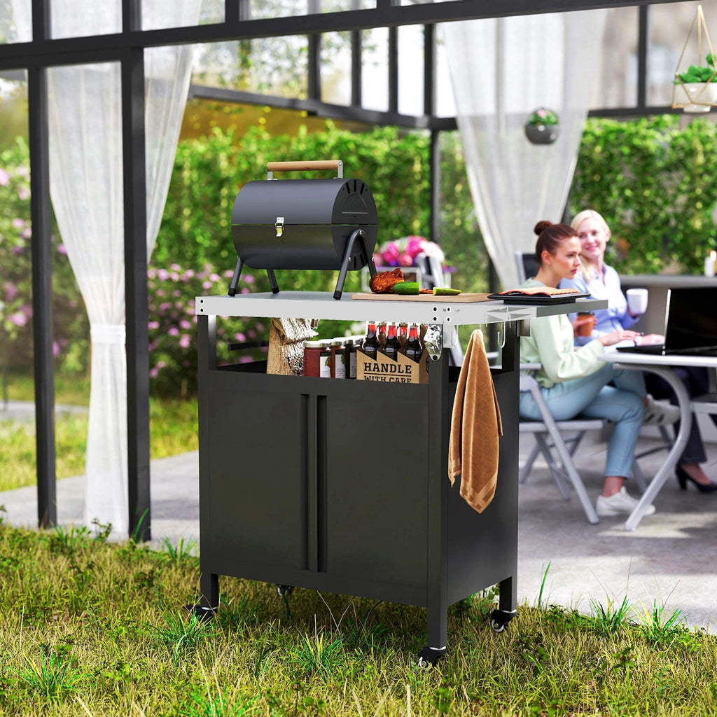 Carrello Barbecue con Armadietto e Tavolino ¨C zephmum ¨C Nero Acciaio Inox 116x50x93 cm