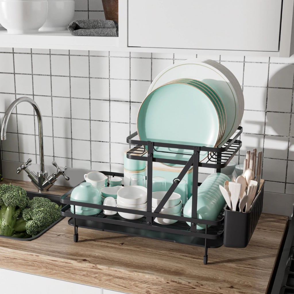 Set di scolapiatti e scolapasta pieghevole per cucina, Scolapiatti in metallo a 2 livelli con portautensili Nero