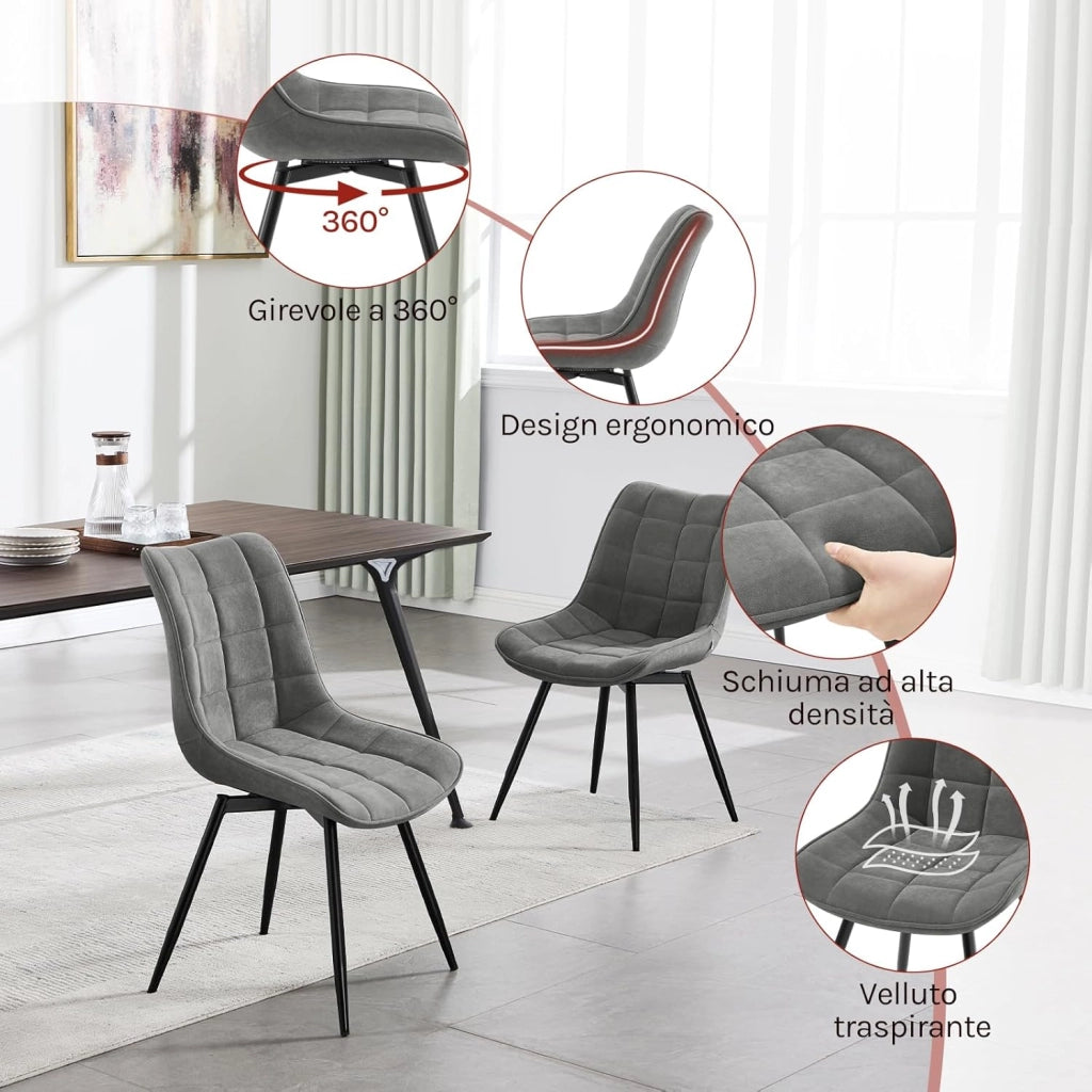 Sedie da Pranzo Girevole Set di 4, Sedie da Cucina, con Sedile Imbottito, Schienale Alto, Gambe in Metallo, Tessuto in Velluto, Grigio Scuro EZS87dgr-4