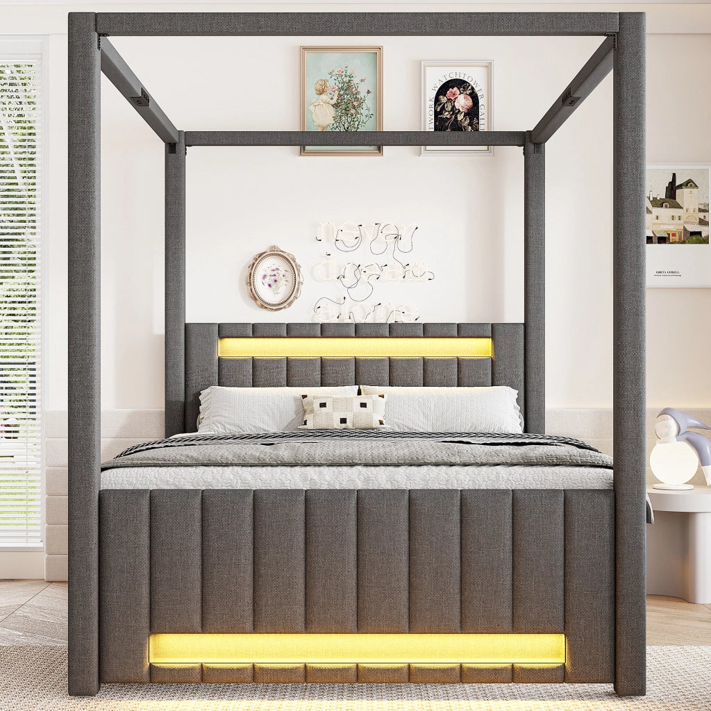 Letto Matrimoniale 140x200 cm con Letto Estraibile; 3 Cassetti e LED; Grigio